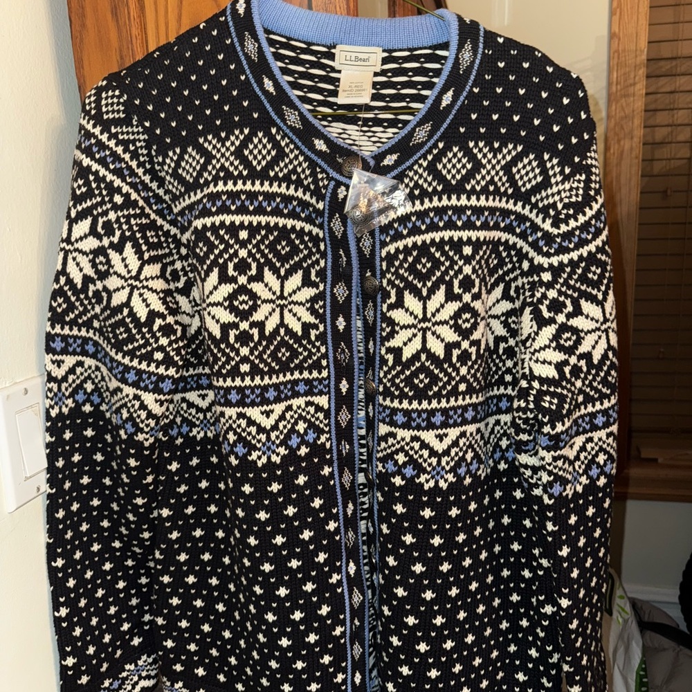 LL Bean Sweater Womens XL Nordic FairIsle Snowflake Birdseye Cotton Cardigan new